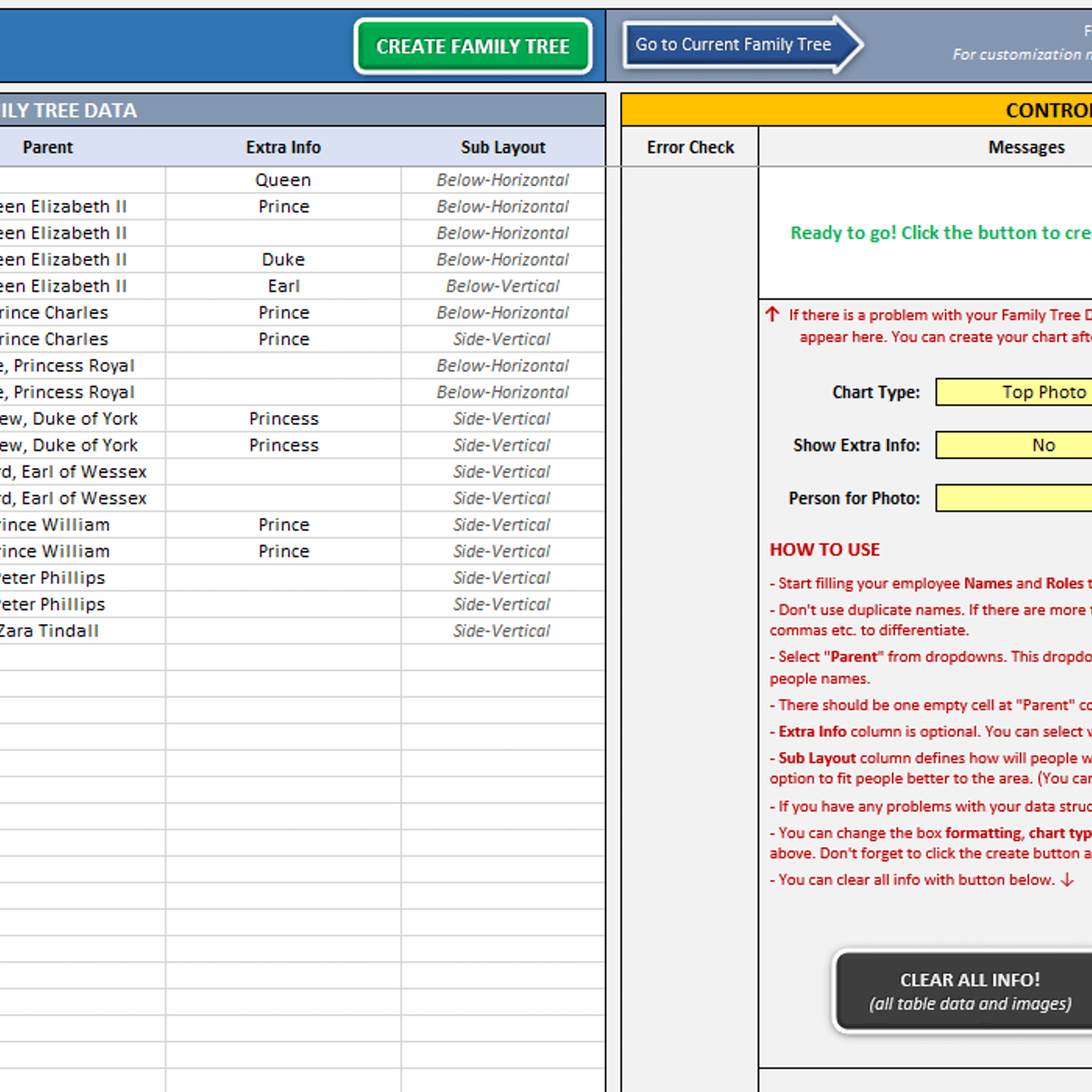 family tree format in excel